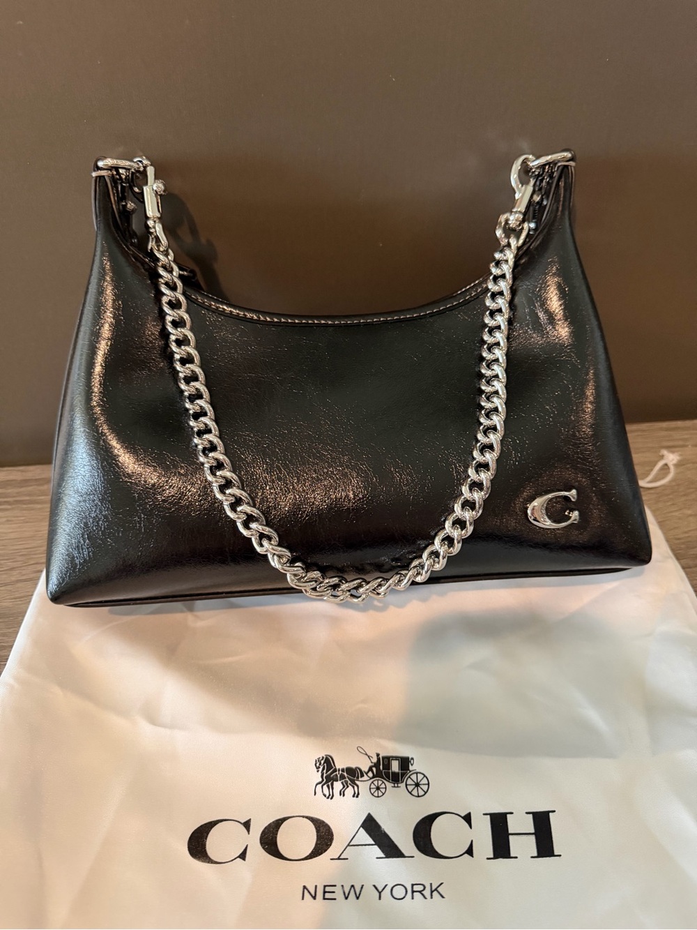 Coach Black Leather Shoulder Bag with Silver Chain - Picture 4 of 11